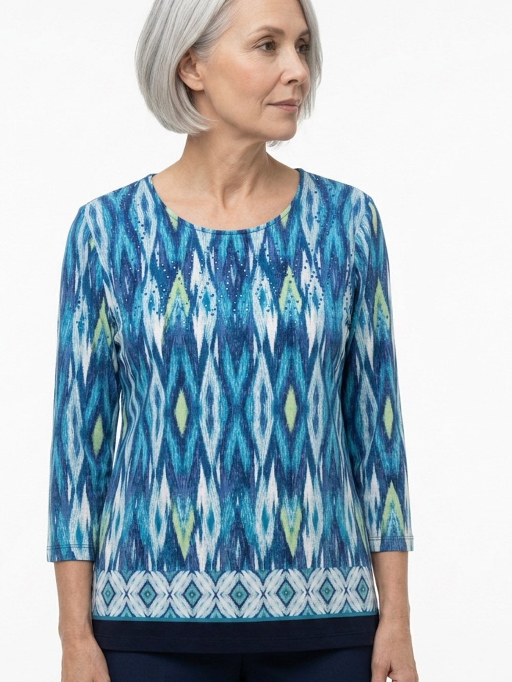 Alfred Dunner Women's Blue Geometric 3/4 Sleeve Blouse Size M